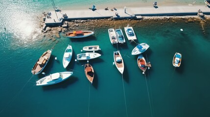Fototapeta na wymiar Pier speedboats.This is usually the most popular tourist attractions on the beach.Yacht and sailboat is moored at the quay. Aerial view by drone. A marina lot. A sunny day