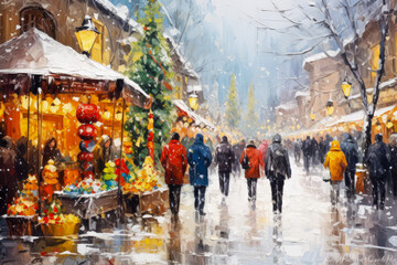Wintry oil painting on canvas. Lively winter market. Artwork segment. Falling snow and bold paint texture