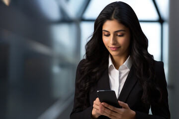 Beautiful Indian business woman with long black hair She wears a business suit. Smiling and holding a mobile phone in hand