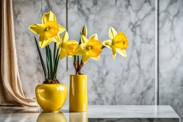 Artistic shot of a single daffodil in a yellow ceramic vase, placed on a marble pedestal, minimalist design, elegant indoor interior background,