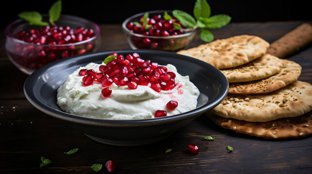 Iranian labneh with taftan bread and pomegranate.