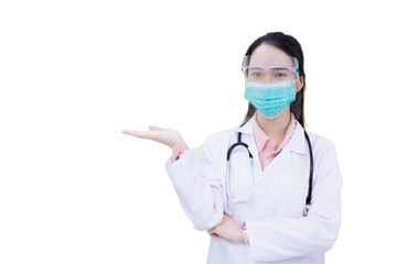 Asian woman doctor wears medical face mask and face shield  to protect Coronavirus Covid 19 or pathogen in health care concept and shows hand up while isolated on white background.