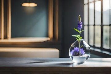 Artistic shot of a single salvia in a crystal vase, placed near a window, minimalist design, wooden surface background