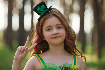 Adorable red head girl dressed as a leprechaun on Saint Patricks Day on the 17th of March