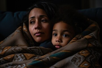 Mother and child wrapped in blanket on the couch. They watch a movie together, warmth and reassurance during the healing process