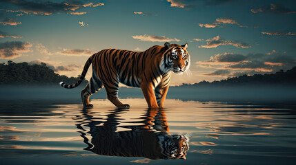 Fototapeta na wymiar Tiger crossing a serene lake, creating ripples that mirror its stripes Ai Generative