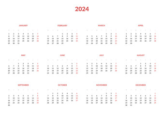 2024 Annual Calendar template. Vector layout of a wall or desk simple calendar with week start Monday. Calendar design in black and white colors, holidays in red colors.