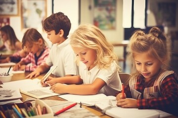Fototapeta premium teacher helping students in classroom
