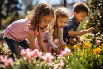 Children of Christian faith excitedly search for hidden Easter eggs in a garden, surrounded by blooming flowers. - obrazy, fototapety, plakaty