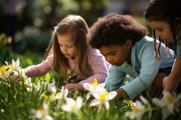 Children of Christian faith excitedly search for hidden Easter eggs in a garden, surrounded by...