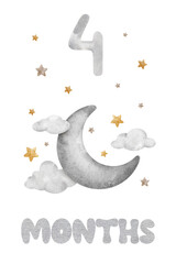 Baby Milestone Card with Beige Hot Air Balloon, clouds and stars. Baby's four month. Four months of baby. Monthly numbers cards. Newborn month postcard. Card for kids' photos. - obrazy, fototapety, plakaty