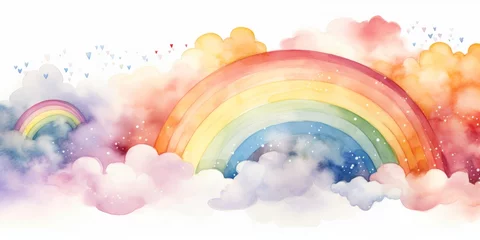 Tuinposter A Vibrant Rainbow Casting Its Colors Across a Night Sky Filled With Luminous Clouds and Shimmering Stars. A painting of a rainbow with clouds and stars on a white canvas. © AI Visual Vault