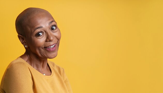 Portrait Of African 50 Years Old Surprised Woman With Bald Head, Smiling On Yellow Backgroun. Cancer Woman Disease Concept. Effects Of Chemotherapy From Breast Cancer. Generative AI