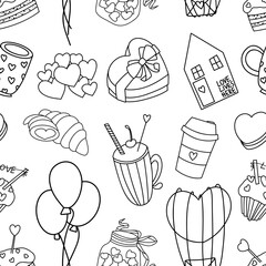 Romantic seamless pattern for Valentine's Day of hand drawn elements in doodle style, vector illustration