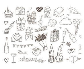 Romantic set for Valentine's Day of hand drawn elements in doodle style, vector clipart 