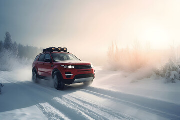 SUV rides on a winter forest road. A car in a snow-covered road among trees and snow hills - obrazy, fototapety, plakaty