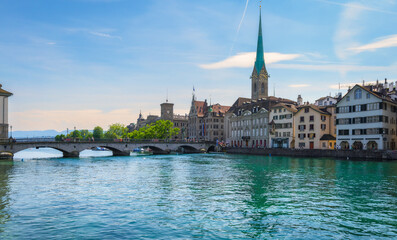 Panoramic view of the historical center of Zurich with the famous Fraumunster church on a sunny day with blue sky, canton of Zurich, Switzerland