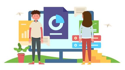 Two people are talking about business in the office