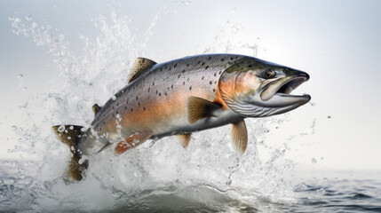 salmon fish jump on the white background - obrazy, fototapety, plakaty