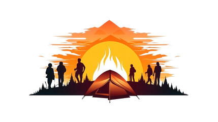 illustration of people camping logo - obrazy, fototapety, plakaty