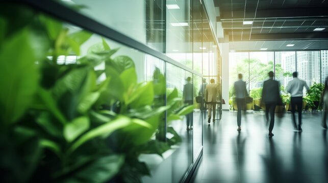 Green office walls with plants. Employee wellness and nature friendly corporate environment with modern, sustainable and ecological office space. ESG standards for responsible business.