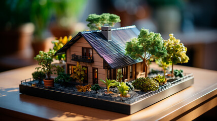 Primer plano de un edificio nuevo con paneles solares en el tejado. Energía sostenible y limpia en casa.