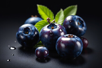 Blueberries with green stevia leaves on a black background.