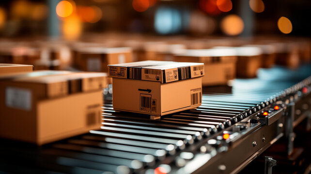 Primer plano de varios paquetes en cajas de cart&oacute;n movi&eacute;ndose sin interrupci&oacute;n por una cinta transportadora en un centro de distribuci&oacute;n de un almac&eacute;n, una instant&aacute;nea del comercio electr&oacute;nico, la ent
