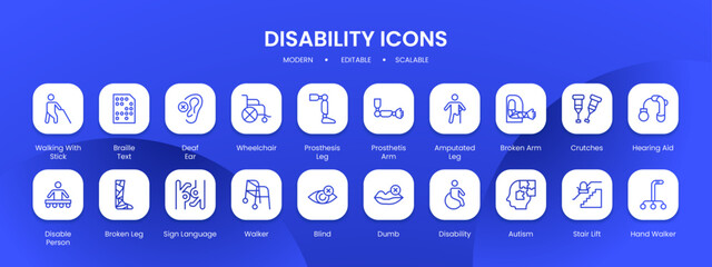 Disability icon collection with black filled line outline style. disability, disabled, collection, accessibility, people, care, handicap. Vector Illustration