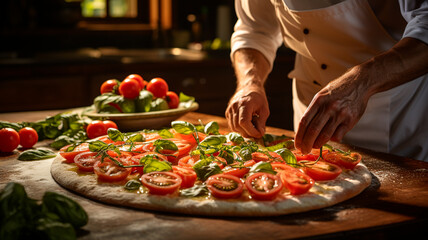 Fotografía que capta a un experto cocinero en el proceso de preparación de los ingredientes para una pizza. - obrazy, fototapety, plakaty