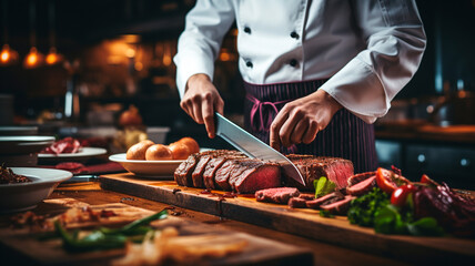 Fotografía en la que aparece un experto chef, vestido con uniforme de cocinero profesional, cortando meticulosamente carne sobre una tabla de cortar de madera. - obrazy, fototapety, plakaty