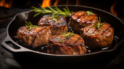 fillet mignon beef medallions in a cast iron skillet