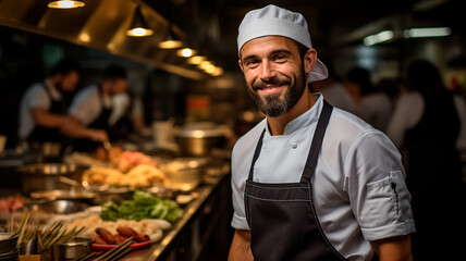 Fotografía de un joven barbudo vestido con uniforme de cocinero, con gorro de cocinero, sonriendo mientras mira directamente a la cámara. - obrazy, fototapety, plakaty