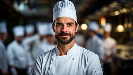 Fotografía de un joven barbudo vestido con uniforme de cocinero, con gorro de cocinero, sonriendo...