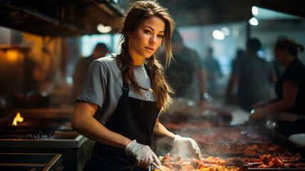 Fotografía en la que aparece una experta cocinera, vestida con uniforme de chef profesional, de pie en una cocina industrial. - obrazy, fototapety, plakaty