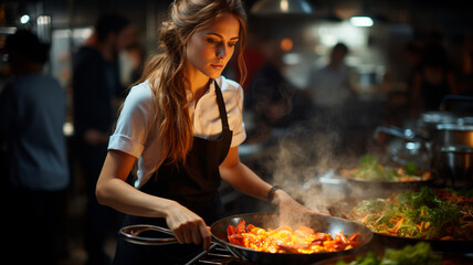 Fotografía en la que aparece una experta cocinera, vestida con uniforme de chef profesional, de pie en una cocina industrial. - obrazy, fototapety, plakaty