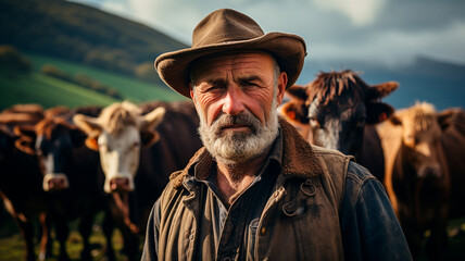 Fotografía de un granjero curtido y trabajador, de pie en medio de un extenso campo, rodeado de vacas satisfechas que pastan a lo lejos.