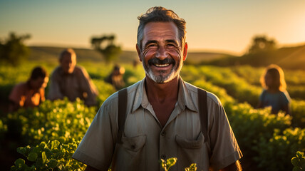 Naklejka premium Fotografía de un granjero curtido y trabajador, de pie en medio de un extenso campo, rodeado de vacas satisfechas que pastan a lo lejos.