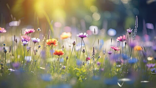 A tranquil sunlit meadow, adorned with vibrant, blooming wildflowers, creates a dreamy atmosphere as butterflies gracefully flutter by in the blurred background