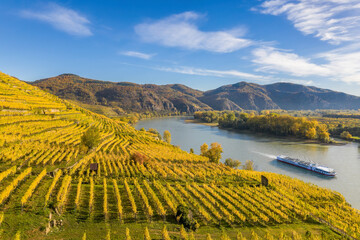 Autumn panorama of Wachau valley (Unesco world heritage site) with ship on Danube river near the...