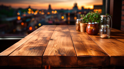 Mesa de madera sobre fondo borroso de banco de cocina. Mesa de madera vacía y fondo borroso de cocina. - obrazy, fototapety, plakaty