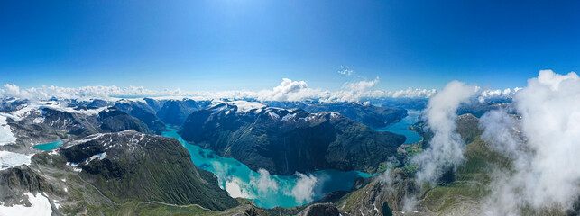 Aerial view above the mountains, fjords and lakes of Norway during summer 