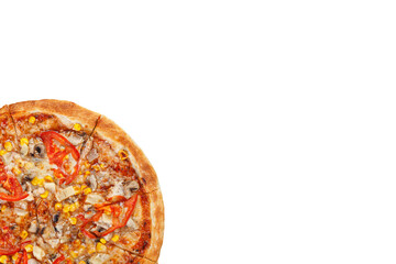 delicious pizza with chicken, mushrooms, cheese, tomatoes and corn on a wooden background, on an isolated white background close-up