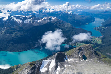 Aerial view above the mountains, fjords and lakes of Norway during summer 