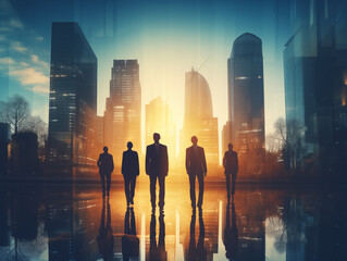 Executive Leadership Team Conceptual Image Double Exposure of Business Leaders and Big City - obrazy, fototapety, plakaty