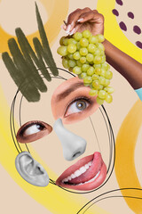 Photo cartoon sketch collage picture of face body pieces enjoying grape isolated creative background