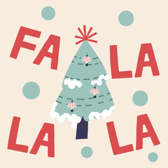 Christmas greeting square card tree with lettering fa la la la