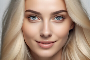 Fototapeta premium Smiling Blonde Woman With Flawless Skin, Concept for Beauty and Cosmetic Advertising