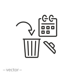 date to dispose of the spoiled product icon, the expiration time has expired, trash can and calendar, container bin for trash, thin line symbol - editable stroke vector illustration