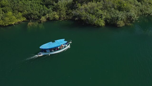 Duffy Electric Boats Cruising On Turquoise Water Of Krka National Park In Croatia. Aerial Shot